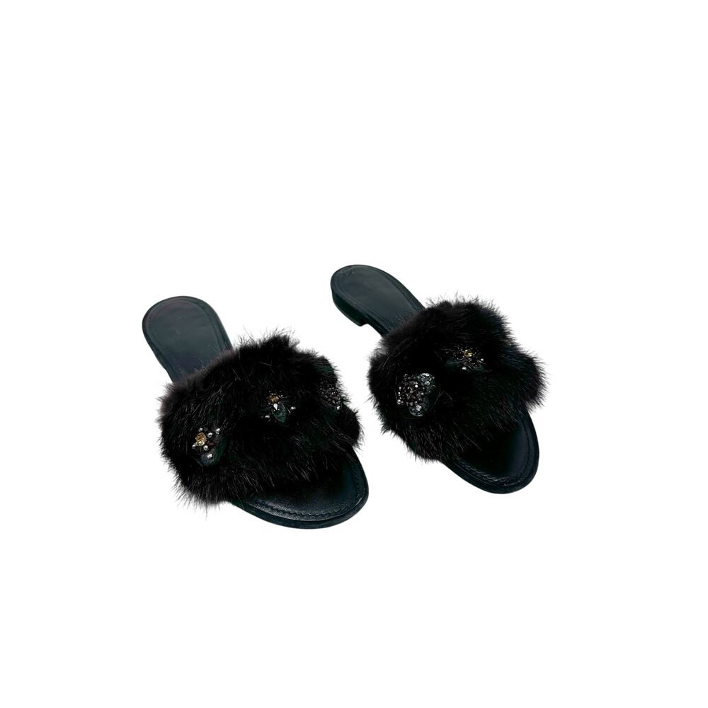 Louis Vuitton Black Fur Jeweled Slide Sandals Women’s EU 39 Luxury Designer